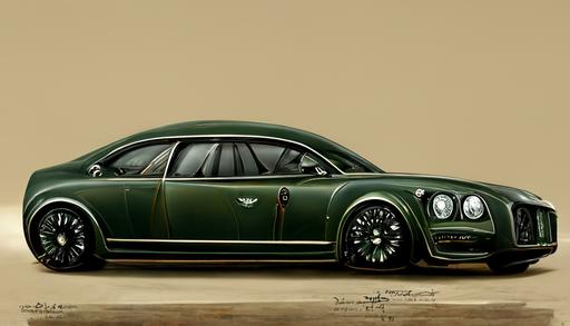 detailed steampunk dark green bentley flying spur, side view, full view, luxury realistic schematic --ar 16:9
