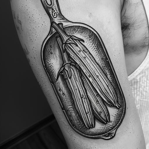 detailed stipple tattoo of okra in a cast iron pan, cast iron pan is rectangular with a handle