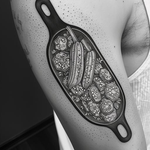 detailed stipple tattoo of okra in a cast iron pan, cast iron pan is rectangular with a handle, okra is diced style is woodblock hatch --v 6.0