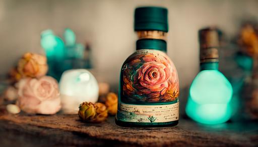 detailed, surreal, whiskey bottle, white magnolia, rose, teal, amber, melon color, succulant, wooden table, art on wall, cinematic lighting, bokeh, depth of field, 85mm, --ar 16:9