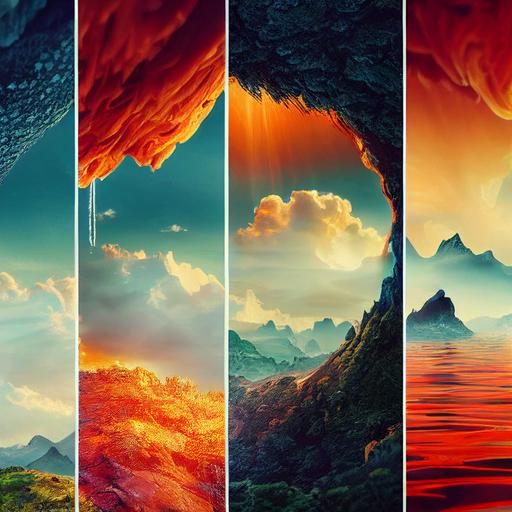 detailed tapestry rendition of 4 natural elements, symbolism of earth wind water fire, beautiful natural background scenery, 8k octane render, ultra-detailed imagery, --testp --creative --upbeta --upbeta --upbeta