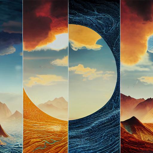 detailed tapestry rendition of 4 natural elements, symbolism of earth wind water fire, beautiful natural background scenery, 8k octane render, ultra-detailed imagery, --testp --creative --upbeta --upbeta