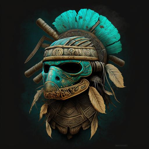 detailed turtle themed samurai mask on a table with turquoise fog and black background