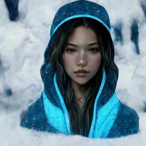 detailed up close facial description of a young gorgeous long haired asian goddess with hoodie breathing cold air in -40 below zero,Alaska, thermometer,freezing, fridgid, cold,  scattered glowing blue glowing Snow flakes, background cold and descriptive, octane render, realistic