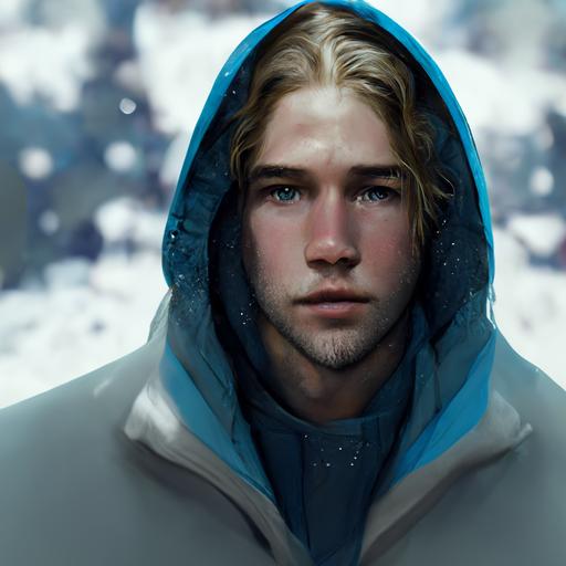detailed up close facial description of a young gorgeous long haired blonde man with hoodie breathing cold air in -40 below zero,Alaska, thermometer,freezing, fridgid, cold,  scattered glowing blue glowing Snow flakes, background cold and descriptive, octane render, realistic