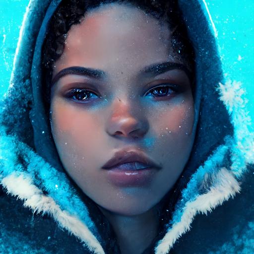 detailed up close facial description of a young gorgeous hip hop lgoddess with hoodie breathing cold air in -40 below zero,Alaska, thermometer,freezing, fridgid, cold,  scattered glowing blue glowing Snow flakes, background cold and descriptive, octane render, realistic