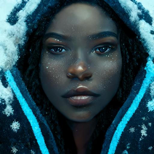 detailed up close facial description of a young gorgeous long haired black goddess with hoodie breathing cold air in -40 below zero,Alaska, thermometer,freezing, fridgid, cold,  scattered glowing blue glowing Snow flakes, background cold and descriptive, octane render, realistic