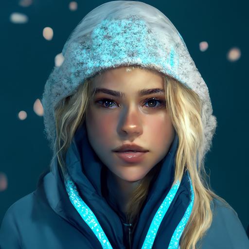 detailed up close facial description of a young gorgeous long haired blonde goddess with hoodie breathing cold air in -40 below zero,Alaska, thermometer,freezing, fridgid, cold,  scattered glowing blue glowing Snow flakes, background cold and descriptive, octane render, realistic