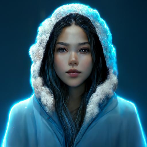 detailed up close facial description of a young gorgeous long haired asian goddess with hoodie breathing cold air in -40 below zero,Alaska, thermometer,freezing, fridgid, cold,  scattered glowing blue glowing Snow flakes, background cold and descriptive, octane render, realistic