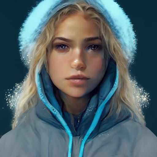 detailed up close facial description of a young gorgeous long haired blonde goddess with hoodie breathing cold air in -40 below zero,Alaska, thermometer,freezing, fridgid, cold,  scattered glowing blue glowing Snow flakes, background cold and descriptive, octane render, realistic
