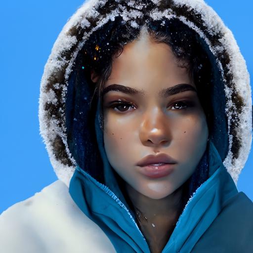 detailed up close facial description of a young gorgeous hip hop lgoddess with hoodie breathing cold air in -40 below zero,Alaska, thermometer,freezing, fridgid, cold,  scattered glowing blue glowing Snow flakes, background cold and descriptive, octane render, realistic