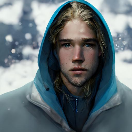 detailed up close facial description of a young gorgeous long haired blonde man with hoodie breathing cold air in -40 below zero,Alaska, thermometer,freezing, fridgid, cold,  scattered glowing blue glowing Snow flakes, background cold and descriptive, octane render, realistic