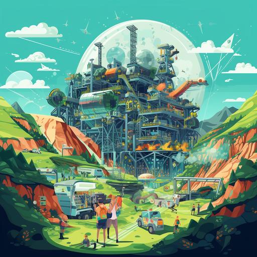 detailed vector illustration, bright and vibrant color, aluminum mining, surrounded by green environment and happy people