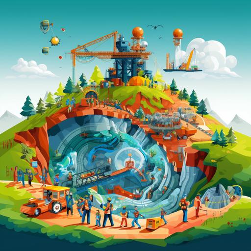 detailed vector illustration, bright and vibrant color, aluminum mining, surrounded by green environment and happy people