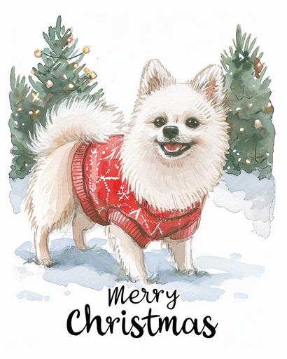 detailed watercolor Christmas card with a happy small white japan spitz wearing a red christmas sweater on it saying 