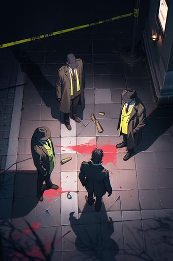 detectives at a crime scene, sidewalk chalk, body outline, --ar 2:3 --niji 5 --w 0