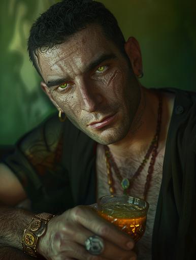 devastatingly handsome and wealthy 40-year-old Miami Jewish man with short black hair and green eyes wearing a Jewish necklace relaxing in casual clothing and holding an alcoholic drink. Photographic quality. --ar 3:4 --v 6.0