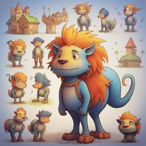 develop 9 different Multiple poses and expressions of a little lion character with very consistent likeness. It is a kind, fantasy chilldren’s book, long-nosed horse, funny spines on his back and head for a mane. illustration style:  --upbeta