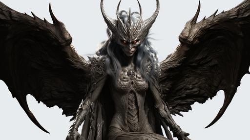 devil god png, devil creature creature art png and black jpg black devil, in the style of rebecca guay, avian-themed, dark silver and dark beige, full body, rim light, womancore, angura keiThe image should be rendered in high definition (8K) to capture all the intricate details. 8 k photorealism --ar 16:9 --v 5.2