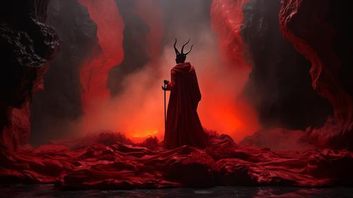 devilish queen of hell, clothed in red leather, enormous black cloak, goat horns and feet, in a hall of smoke and mirrors, shiny lava lake, luminous reflections, focus on materials, artwork in the style of luigi colani, quint buchholz, willem claesz heda, cinestill 50d --ar 16:9
