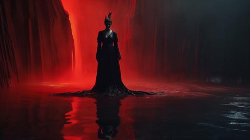 devilish queen of hell, clothed in red leather, enormous black cloak, goat horns and feet, in a hall of smoke and mirrors, shiny lava lake, luminous reflections, focus on materials, artwork in the style of luigi colani, quint buchholz, willem claesz heda, cinestill 50d --ar 16:9