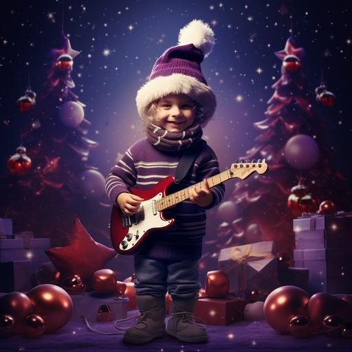 Ceate a delightful and festive Christmas that features a kid avatar with Santa cap holding a toy guitar. The background should be adorned with various shades of purple to create an enchanting and festive atmosphere and a christmas tree. Capture the magic of the holiday season and the wonder of Christmas celebrations. The image should resonate as a campaign for a toy brand