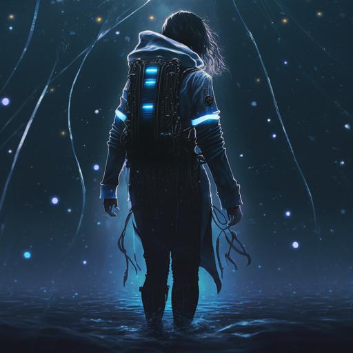 an overly detailed full body portrait of a fashion model wearing a warcore/techwear outfit with little lights scattered around it heavily detailed with long straps and large pockets and little strips of reflective tape warn by a lonely person with realistic proportions IN a blue unexplored planet infused with lights and a sense of wonder with dramatic lighting inside the deep ocean walking away from the camera with their back facing towards us in a moody posture,Errolson Hugh, Sacai, Nike ACG, Yohji Yamamoto, Y3, ACRNYM, techwear, warcore, intricate details, full body portrait, realistic human structure, realistic legs, realistic arms and hands, realistic limbsrealistic human structure, realistic legs, realistic arms and hands, realistic limbs, realistic human structure, realistic legs, realistic arms and hands, realistic limbs, emotion, warcore/techwear, Perspective poses,dynamic angles,wide angle,50 mm, ultra realistic, 4k, 8k, centre composition, realistic background, photorealism, cyberpunk, rule of thirds, vfx, ray tracing, unreal engine --v 4
