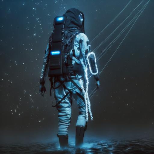 an overly detailed full body portrait of a fashion model wearing a warcore/techwear outfit with little lights scattered around it heavily detailed with long straps and large pockets and little strips of reflective tape warn by a lonely person with realistic proportions IN a blue unexplored planet infused with lights and a sense of wonder with dramatic lighting inside the deep ocean walking away from the camera with their back facing towards us in a moody posture,Errolson Hugh, Sacai, Nike ACG, Yohji Yamamoto, Y3, ACRNYM, techwear, warcore, intricate details, full body portrait, realistic human structure, realistic legs, realistic arms and hands, realistic limbsrealistic human structure, realistic legs, realistic arms and hands, realistic limbs, realistic human structure, realistic legs, realistic arms and hands, realistic limbs, emotion, warcore/techwear, Perspective poses,dynamic angles,wide angle,50 mm, ultra realistic, 4k, 8k, centre composition, realistic background, photorealism, cyberpunk, rule of thirds, vfx, ray tracing, unreal engine --v 4