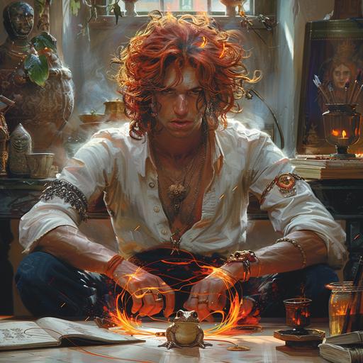 dharmic rule of thirds, a yout fire genasi wizard with red hair and a strong physique sits in the middle of his study in a heated discussion with his familiar, the familiar is a frog knight, the small frog knight is dressed in a shining venetian gold half plate mail and stands leaning agaimst a tiny colorful gleaming crystal long sword which is too big for him to use, the frog looks very serious standing on the wizard's table and stares a the wiard in his discussion, the wizard has spurts and ribons of fire wicker-wisping about his hair and shoulders, the fire stands highlighting abd reflecting against the wizard's shirt of bright ultra white Spectralon White, decorated with Cinnabar and deep purple forming a tesseract of the wizard's tight shirt, the fire circles the wizard's wrist and waist creating a belt for his vanta black skintight pants, the wizards eye are fiery, the table has 2 simple art represntations, Cubism, Bauhaus, future technology, electronic screens, data transmission, hyperrealistic, mandala art by H.R. Giger, Genasi spiral fire art by Junji ito, In the style of Samachin Yossi Mako, yashica 50mm 1.9 --s 750