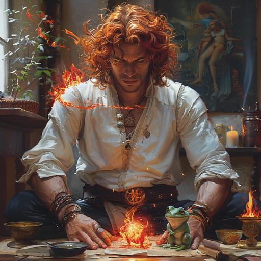 dharmic rule of thirds, a yout fire genasi wizard with red hair and a strong physique sits in the middle of his study in a heated discussion with his familiar, the familiar is a frog knight, the small frog knight is dressed in a shining venetian gold half plate mail and stands leaning agaimst a tiny colorful gleaming crystal long sword which is too big for him to use, the frog looks very serious standing on the wizard's table and stares a the wiard in his discussion, the wizard has spurts and ribons of fire wicker-wisping about his hair and shoulders, the fire stands highlighting abd reflecting against the wizard's shirt of bright ultra white Spectralon White, decorated with Cinnabar and deep purple forming a tesseract of the wizard's tight shirt, the fire circles the wizard's wrist and waist creating a belt for his vanta black skintight pants, the wizards eye are fiery, the table has 2 simple art represntations, Cubism, Bauhaus, future technology, electronic screens, data transmission, hyperrealistic, mandala art by H.R. Giger, Genasi spiral fire art by Junji ito, In the style of Samachin Yossi Mako, yashica 50mm 1.9 --s 750