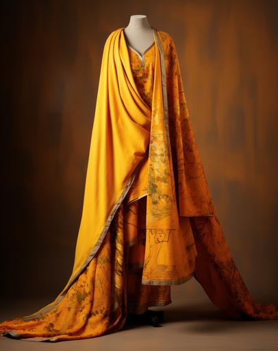 dhruva khyasali yellow printed salwar gbsd, in the style of post-impressionist colorism, light maroon and yellow, woven/perforated, kintsugi, glittery and shiny, saturated hues, handwoven textiles --ar 31:39