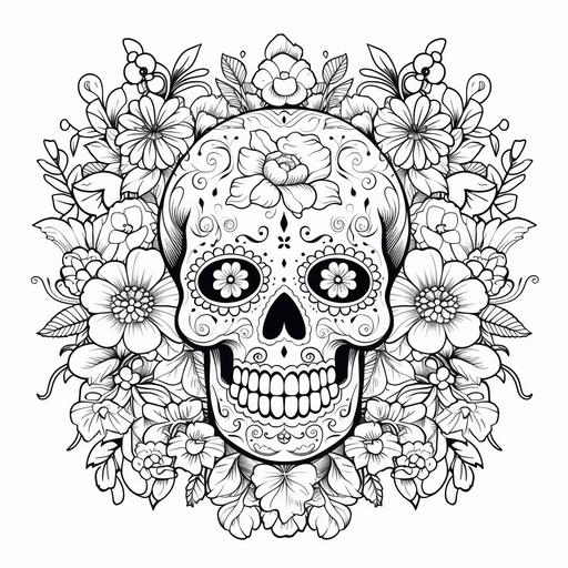 dia de los muertos, line drawing for coloring book, modern, black and white, 😍 floral background