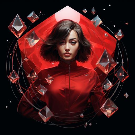 diamond shaped logo in the form of 7 fragments on a red background, in the center is a girl, in the style of computer graphics, art