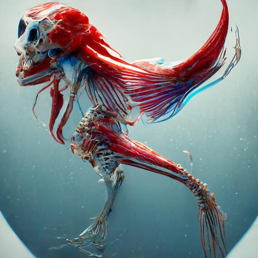 diaphonized mermaid-monkey hybrid skeleton, bones blue, cartilage red, 8k, unreal engine, hd, hyperdetailed, hyper detailed, white background