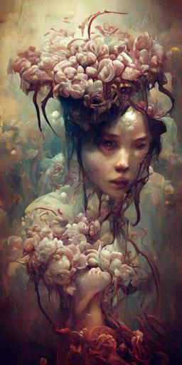 water nymph, beautiful face, jellyfish pen sketch, pale purple flowing tentacles, manga cover, mystical, dark gothic, stunning, dreamy, ethereal, hypermaximalist, elegant, ornate, luxury, elite, ominous, cgsociety, style of james jean, Elena Masci Alexis Franklin Tom Bagshaw and Spencer Tunick, cinematic, hyper-realistic, matte painting, enhanced :: dress made of flora, water lilies, carved angels and deities , action pose, violent, vengeful, insanely detailed and intricate, carved white marble, Mandelbulb fractal, sculpture, persian rug, art nouveau architecture, arabic scripture, by Zdzisław Beksiński tsutomu nihei, Peter mohrbacher :: complex cherry blossom, dreamy, cinematic lighting, Marc Simonetti, Patrick Turner, dark, angry, action pose, violent, vengeful, multiverse, Peter Mohrbacher, insanely detailed and intricate, golden ratio, hypermaximalist, elegant, ornate, luxury, elite, ominous, line details, visionary art, matte painting, cinematic, cgsociety, James jean, Brian froud, ross tran, trending on artstation, pierre auguste renoir, beautiful highly detailed --ar 1:2 --uplight --s 1250 --q 2
