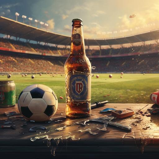dibuja a una verdura chile bebiendo cerveza , con un balon de futbol soccer en un campo de futbol  cinematic concept art