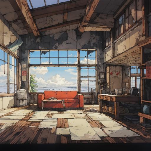 dibujo de un salon de casa abandonado, techo y paredes agrietadas, tablillas de suelo levantadas. Estilo anime con cell shading.