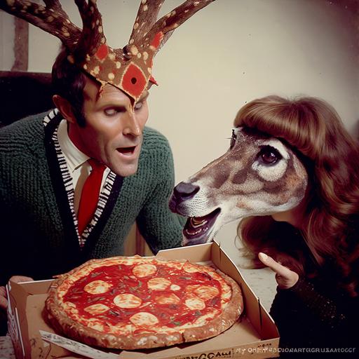 dickvandyke as a fuzzy deer eating a pizza with mary tyler moore dancing queen in sequined suit vintage, vintage , witchy, occult, tall stalks mushrooms with red tops and white spots, rabbits, eggs, easter grass, 70's movie style, 35mm film quality, realistic, hyper-realistic, photorealistic, Studio Lighting, reflections, dynamic pose, Cinematic, Color Grading, Photography, Ultra-Wide Angle, Depth of Field, hyper-detailed, kodachrome film