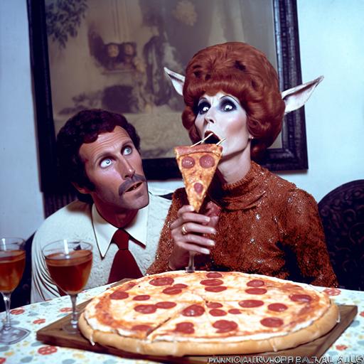 dickvandyke as a fuzzy deer eating a pizza with mary tyler moore dancing queen in sequined suit vintage, vintage , witchy, occult, tall stalks mushrooms with red tops and white spots, rabbits, eggs, easter grass, 70's movie style, 35mm film quality, realistic, hyper-realistic, photorealistic, Studio Lighting, reflections, dynamic pose, Cinematic, Color Grading, Photography, Ultra-Wide Angle, Depth of Field, hyper-detailed, kodachrome film