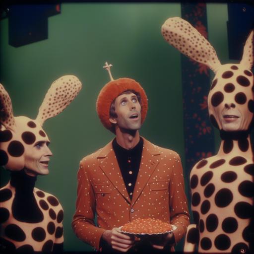dickvandyke as robert petrie thedickvandykeshow, the petries feeding a fuzzy deer a pizza, laura petrie mary tyler moore dancing queen in sequined suit vintage, vintage , witchy, occult, tall stalks mushrooms with red tops and white spots, rabbits, eggs, easter grass, 70's movie style, 35mm film quality, realistic, hyper-realistic, photorealistic, Studio Lighting, reflections, dynamic pose, Cinematic, Color Grading, Photography, Ultra-Wide Angle, Depth of Field, hyper-detailed, kodachrome film