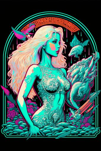 die cut sticker, outstanding seal for mermaid   beach   summer, crystals spires, hot blonde model by Steve rude, t shirt design, black background, Italian futurism, 60’s pulp, isometric grid, opalescent, teal, white, fluorescent coral accents, neon purple, art deco, synthwave --v 4 --ar 2:3