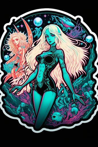 die cut sticker, outstanding seal for mermaid   beach   summer, crystals spires, hot blonde model by Steve rude, t shirt design, black background, Italian futurism, 60’s pulp, isometric grid, opalescent, teal, white, fluorescent coral accents, neon purple, art deco, synthwave --v 4 --ar 2:3