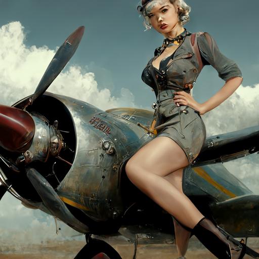 dieselpunk pin-up girl by her jet engine holding a giant wrench on an airfield, silk stockings, leather miniskirt, 1940's bombergirl, daz 3d, umemaro, affect 3d, facial details, photographic, cinematic Lois Van Baarle, WLOP, artgerm, Steven Stahlberg  --upbeta --upbeta --v 4