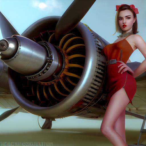 dieselpunk pin-up girl by her jet engine holding a giant wrench in an airplane hangar, showing off silk stockings and garter belt, leather miniskirt, work boots, 1940's bombergirl, daz 3d, umemaro, affect 3d, facial details, photographic, delicatelime, cinematic, starwars, pod racer, Alberto Vargas, Lois Van Baarle, WLOP, artgerm, Steven Stahlberg    --upbeta --v 4