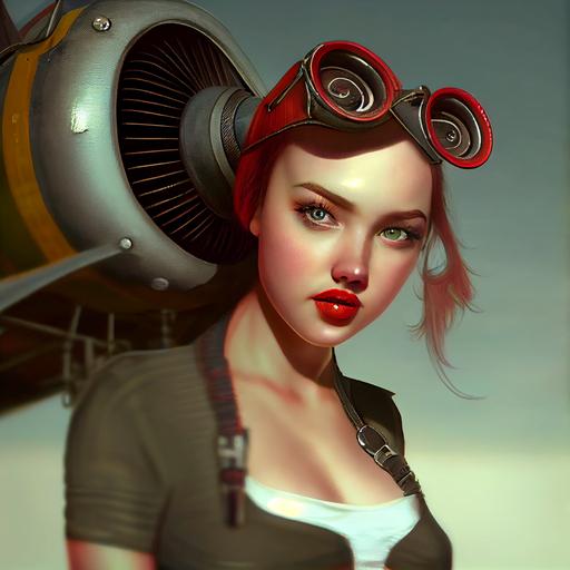 dieselpunk pin-up girl by her jet engine holding a giant wrench on an airfield, silk stockings and garter belt, leather miniskirt, 1940's bombergirl, daz 3d, umemaro, affect 3d, facial details, photographic, cinematic, Lois Van Baarle, WLOP, artgerm, Steven Stahlberg    - --upbeta --v 4