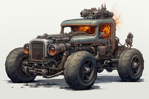dieselpunk ratrod, old pickup truck, kustom kulture, flame paintjob, greebled engine, machinarium, mad max, rat fink, concept art, procreate, cel-shading, --ar 3:2 --c 22 --s 250