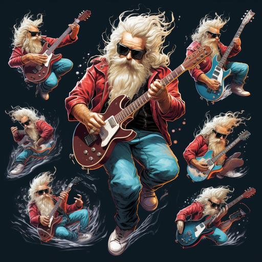 different pictures of santa claus playing guitar, in the style of hyper-detailed illustrations, classic rock, naturalistic poses, illustration 2️⃣ santa playing the guitar with different poses, in the style of hyperrealistic illustrations, ink and color, energy-filled illustrations, illustration, lively illustrations 3️⃣ santa claus in an electric guitar playing different musical instruments, in the style of painted illustrations, lively action poses, detailed ink illustrations, realistic depictions, group f/64, illustration, lively illustrations 4️⃣ art of santa clause electric guitarist with hammer, in the style of detailed character illustrations, multi-panel compositions, dignified poses, lively illustrations, detailed ink illustrations, lively action poses, editorial illustrations white background vector