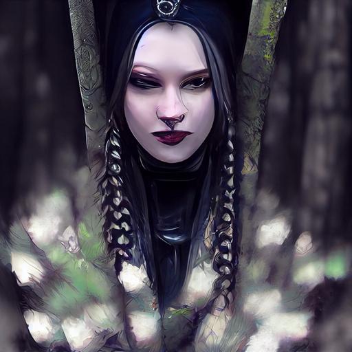::1.1 beautiful tall::1.03 callipygian::1.05 thick massive-chested young goth woman, massive anime eyes with blue irises and large pupils, long blonde double-dutch braids, large intricate geometric chestpiece tatto, punk elements black tight moto jacket black latex leggings tall platform goth boots, leaning against tree in a mossy misty ancient oak tree grove, boulder, dark night crescent moon bright moonlight, thin whispy clouds, oil on canvas inspired by 1940s EC Horror Comics --upbeta --v 3