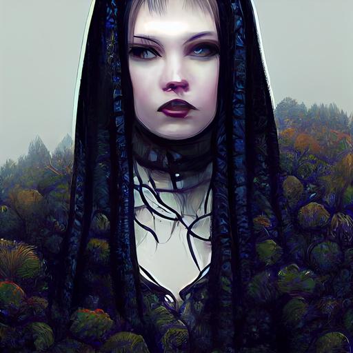 ::1.1 beautiful tall::1.03 callipygian::1.05 thick massive-chested young goth woman, massive anime eyes with blue irises and large pupils, long blonde double-dutch braids, large intricate geometric chestpiece tatto, punk elements black tight moto jacket black latex leggings tall platform goth boots, leaning against tree in a mossy misty ancient oak tree grove, boulder, dark night crescent moon bright moonlight, thin whispy clouds, oil on canvas inspired by 1940s EC Horror Comics --upbeta --v 3