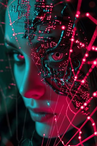 digital alien goddess cyborg spider, photonegative refractograph spider web of fiber optic led, circuit board skin texture --ar 2:3 --v 6.0